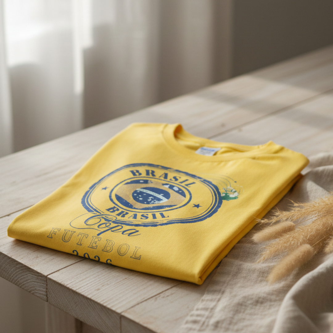 Camisa Brasil Feminina tipo Camisão Amarela Copa 2026 Futebol — Metalizado Oversized