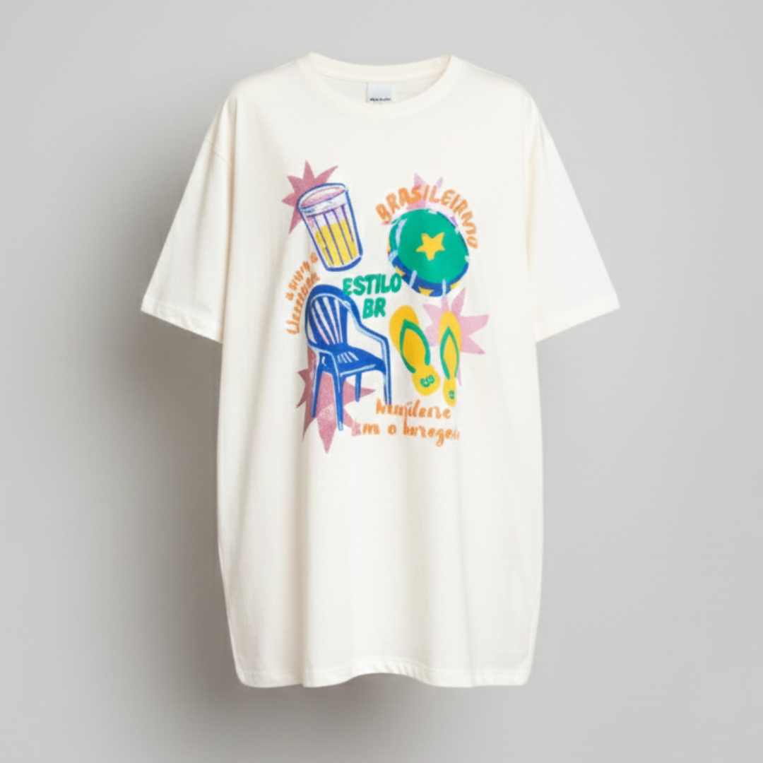 Camisa Brasil Feminina tipo Camisão Branca Estilo BR Brasileiragem — Oversized