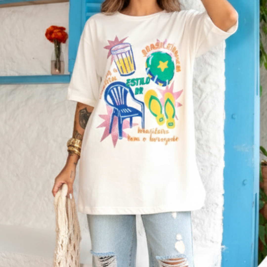 Camisa Brasil Feminina tipo Camisão Branca Estilo BR Brasileiragem — Oversized