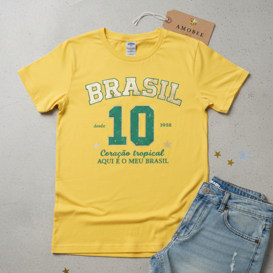 Camisa Brasil Feminina tipo Camisão Amarela 10 Brasil — Metalizado Oversized