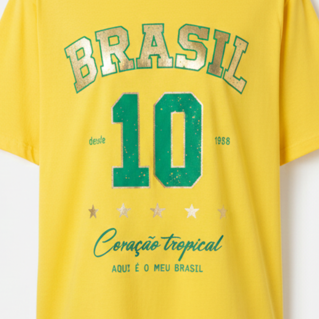Camisa Brasil Feminina tipo Camisão Amarela 10 Brasil — Metalizado Oversized