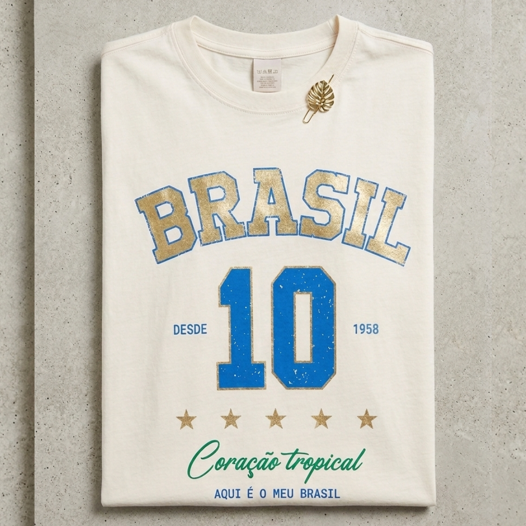 Camisa Brasil Feminina tipo Camisão Branca 10 Brasil — Metalizado Oversized