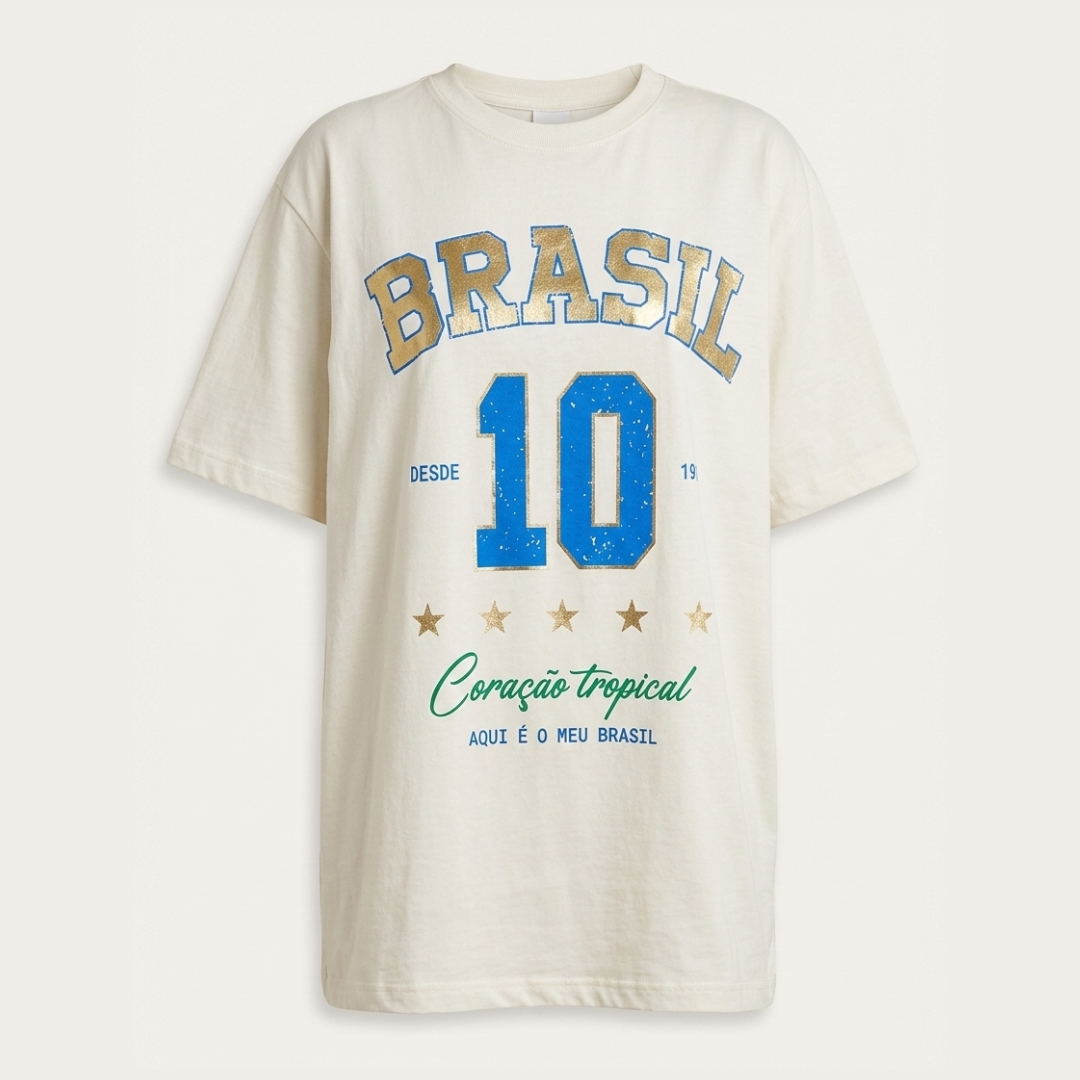 Camisa Brasil Feminina tipo Camisão Branca 10 Brasil — Metalizado Oversized
