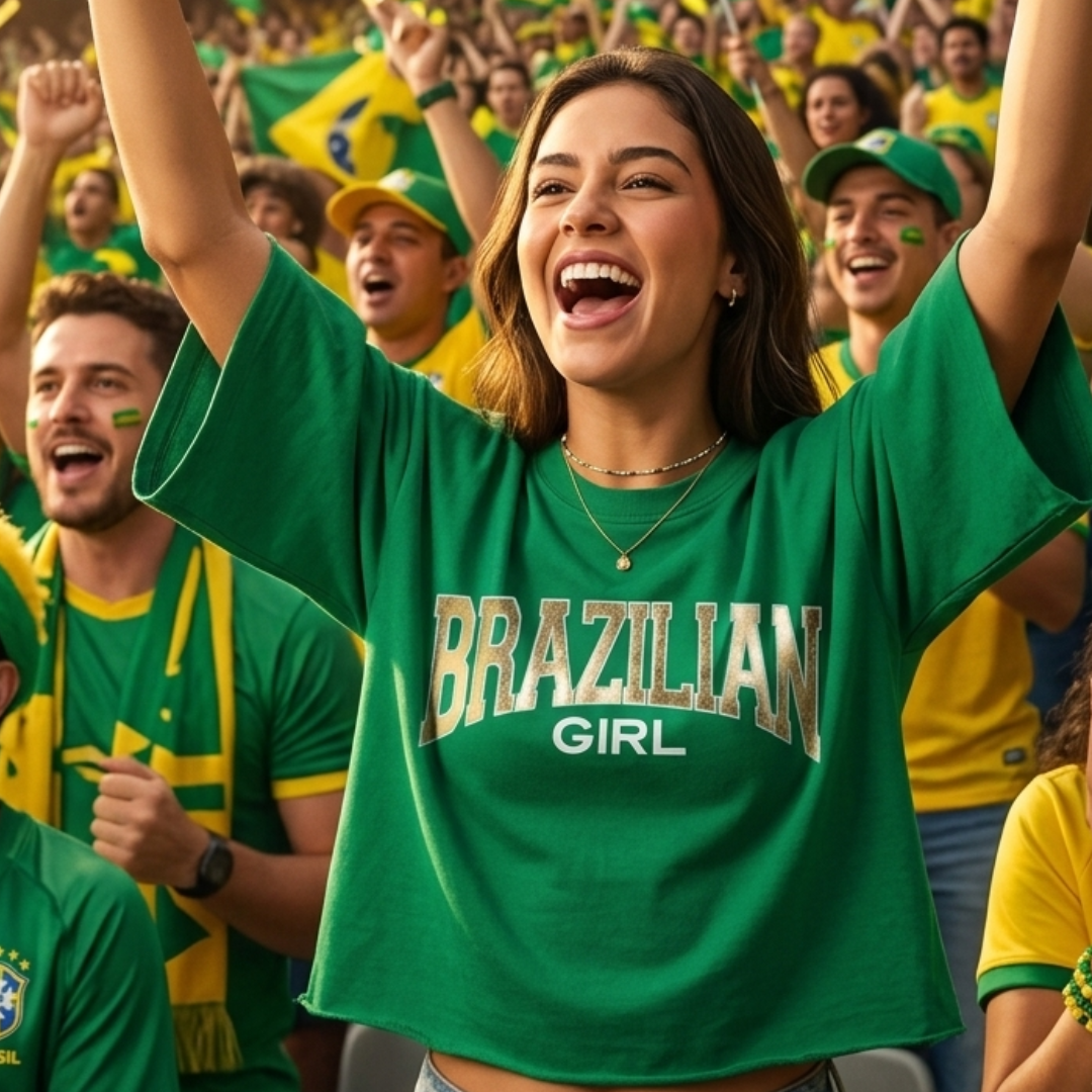 Camisa Brasil Feminina tipo Cropped Brazilian Verde  — Metalizado Oversized