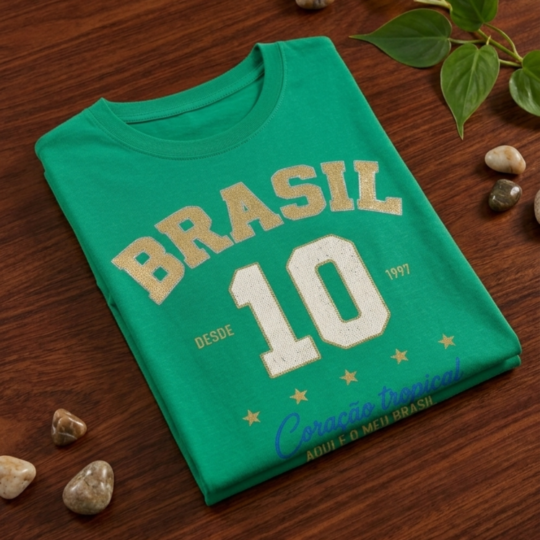 Camisa Brasil Feminina tipo Cropped Verde 10 Brasil — Metalizado Oversized