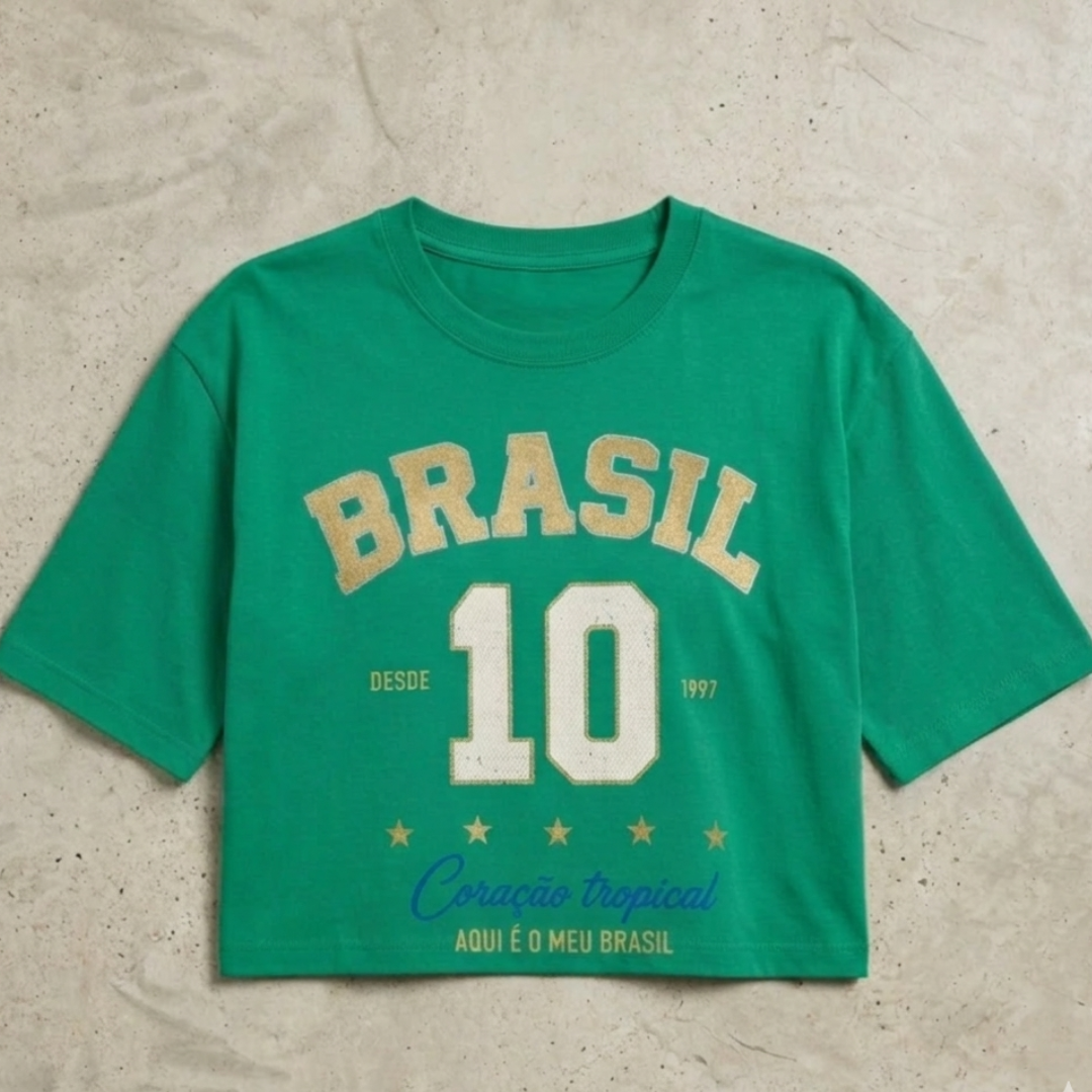 Camisa Brasil Feminina tipo Cropped Verde 10 Brasil — Metalizado Oversized