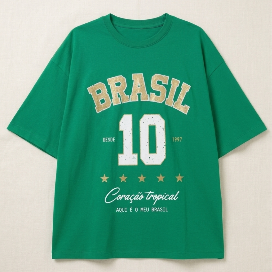 Camisa Brasil Feminina tipo Camisão Verde 10 Brasil — Metalizado Oversized