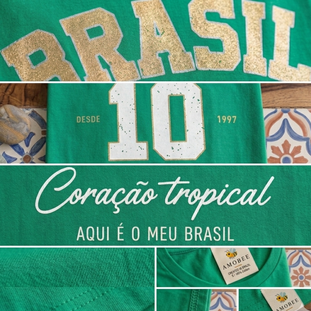 Camisa Brasil Feminina tipo Camisão Verde 10 Brasil — Metalizado Oversized