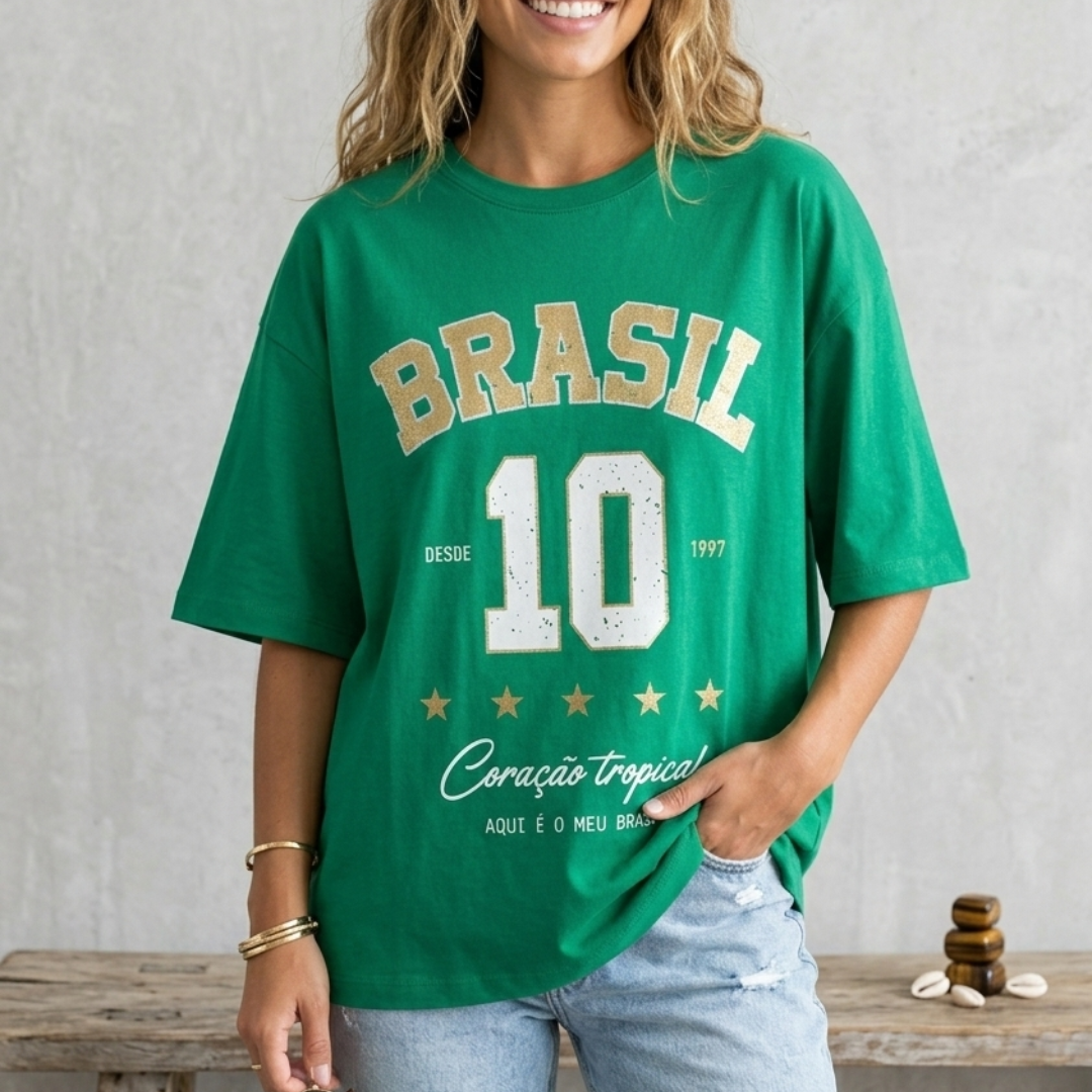Camisa Brasil Feminina tipo Camisão Verde 10 Brasil — Metalizado Oversized