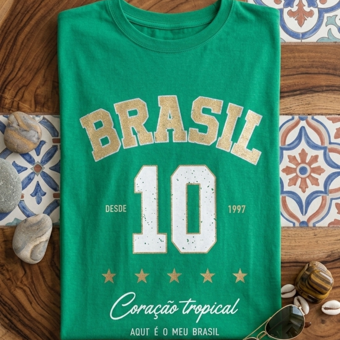 Camisa Brasil Feminina tipo Camisão Verde 10 Brasil — Metalizado Oversized