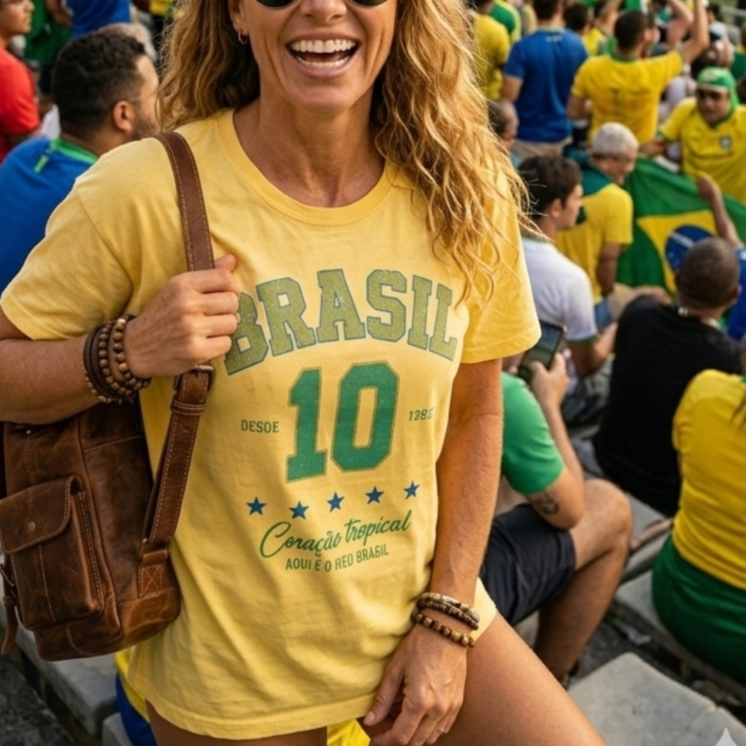Camisa Brasil Feminina tipo Cropped Amarela 10 Brasil — Metalizado Oversized