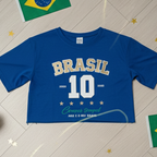 Camisa Brasil Feminina tipo Cropped Azul 10 Brasil — Metalizado Oversized
