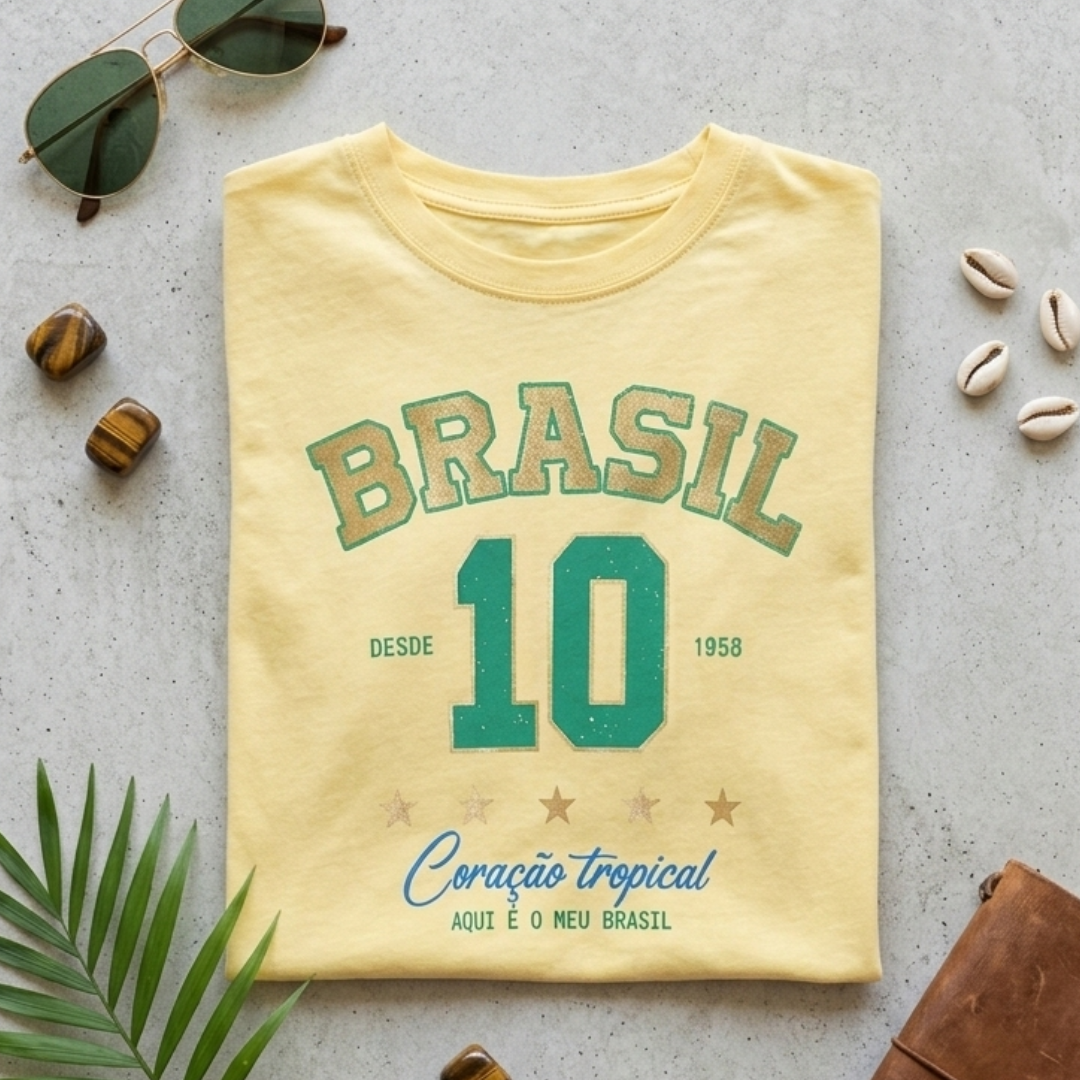 Camisa Brasil Feminina tipo Cropped Amarela 10 Brasil — Metalizado Oversized