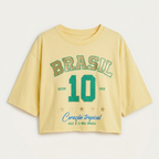 Camisa Brasil Feminina tipo Cropped Amarela 10 Brasil — Metalizado Oversized