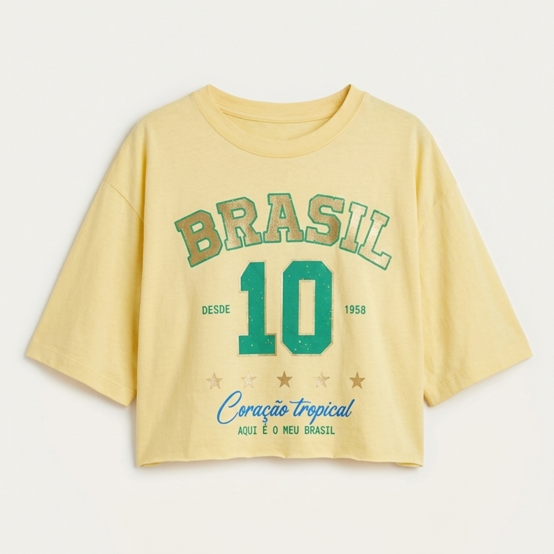Camisa Brasil Feminina tipo Cropped Amarela 10 Brasil — Metalizado Oversized
