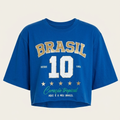 Camisa Brasil Feminina tipo Cropped Azul 10 Brasil — Metalizado Oversized