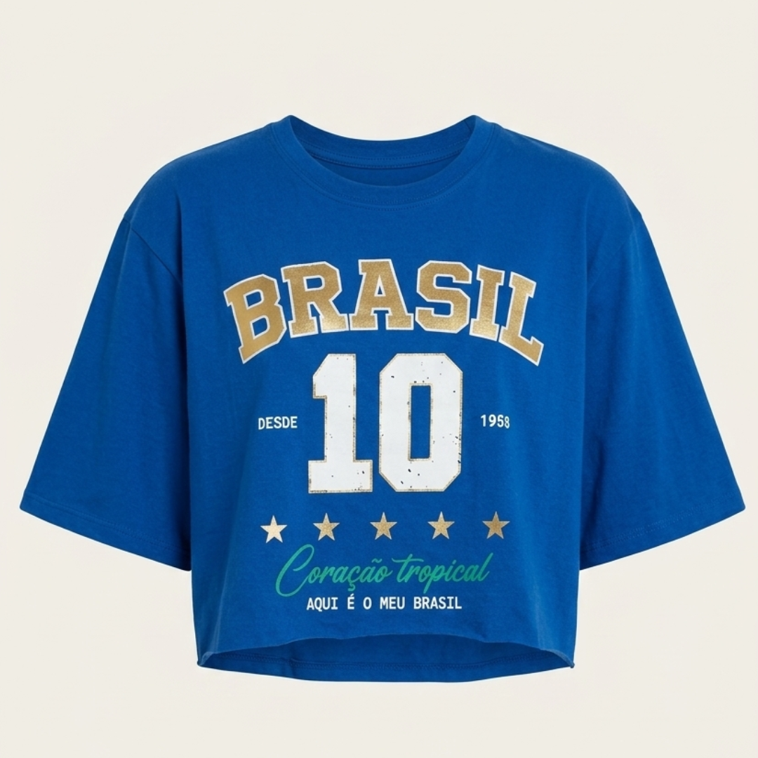 Camisa Brasil Feminina tipo Cropped Azul 10 Brasil — Metalizado Oversized